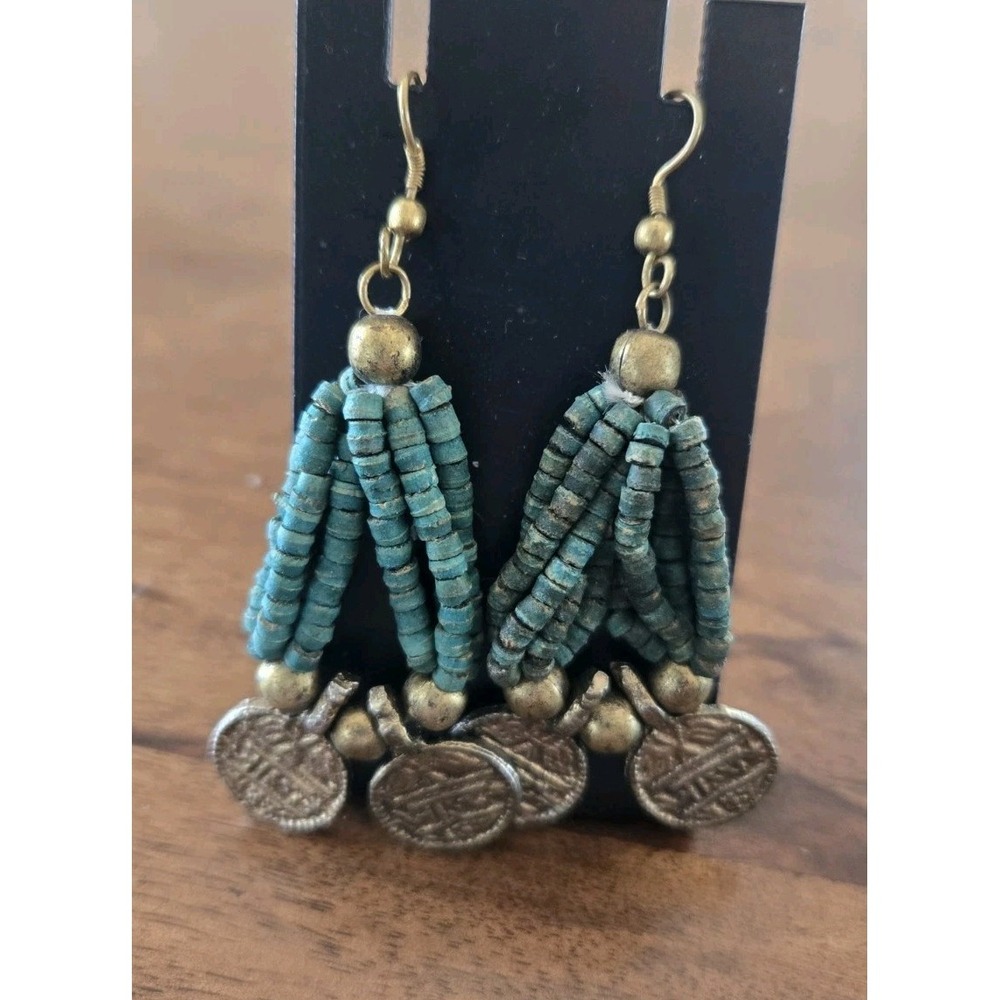 Vintage Handcrafted Beaded Drop Earrings Coin Accents Ethnic Hook Backs